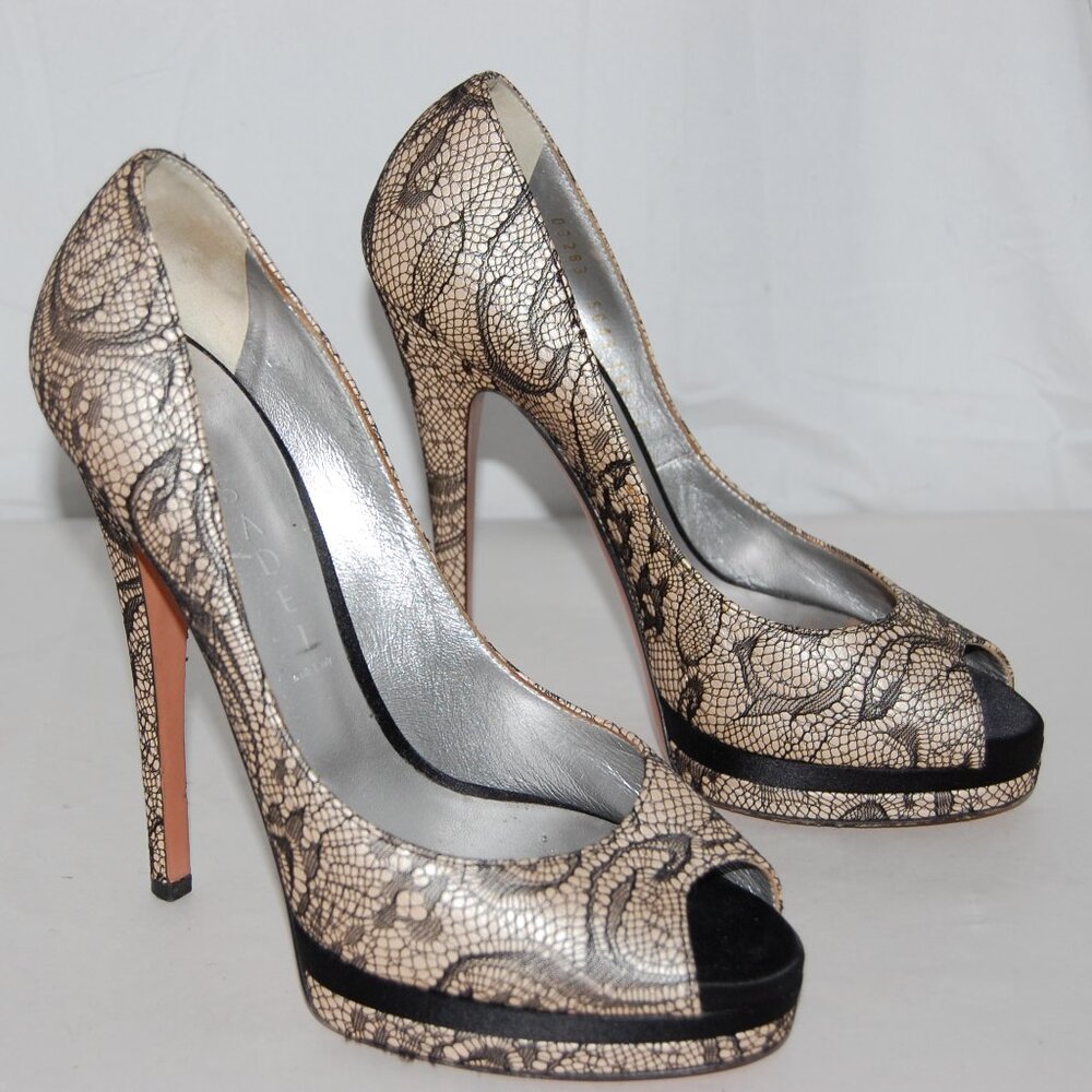 US 7 ❤️ CASADEI Leather Black/White Mesh HIGH HEELS Platform Pumps SANDALS ITALY